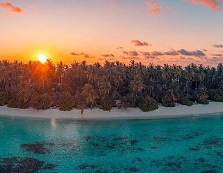Amazing,Aerial,Beach,Landscape.,Beautiful,Maldives,Sunset,Seascape,View.,Horizon